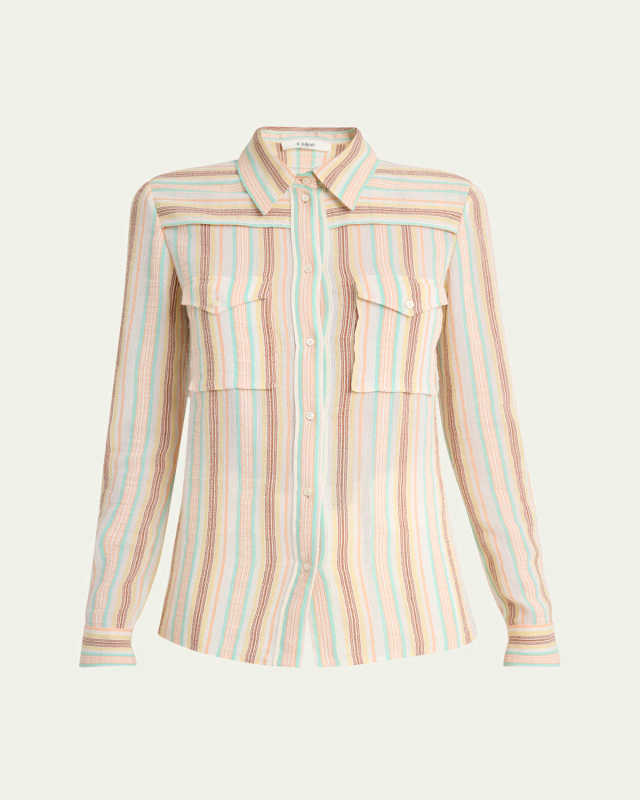 Button-Down Striped Crepon Cotton Blouse